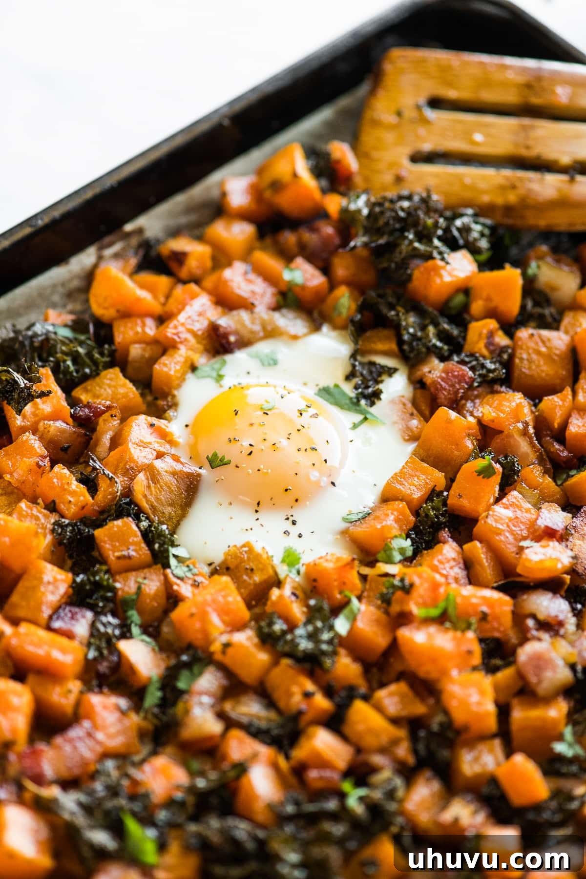 Sheet Pan Breakfast Bake 7 A single portion of sheet pan eggs and hash topped with fresh cilantro, ready to be served.