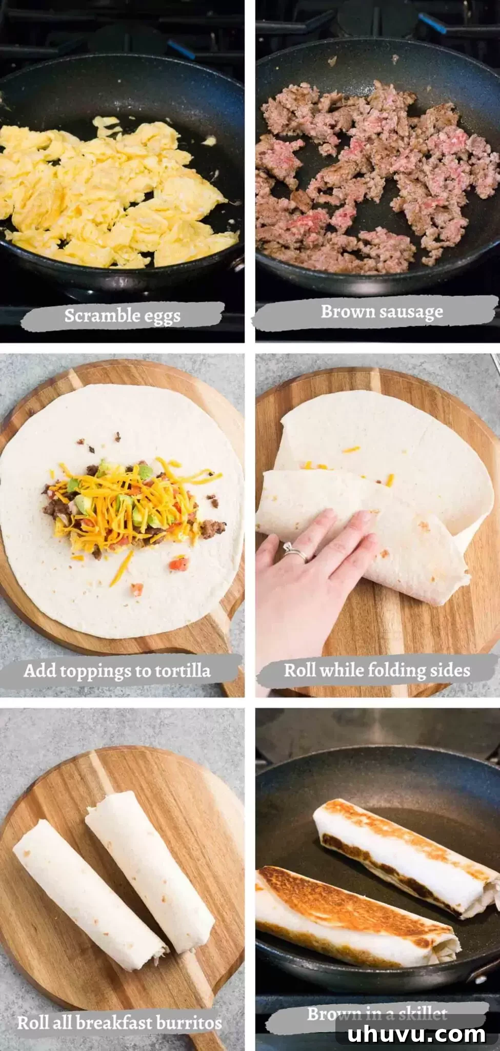 A step-by-step visual guide showing how to assemble a breakfast burrito