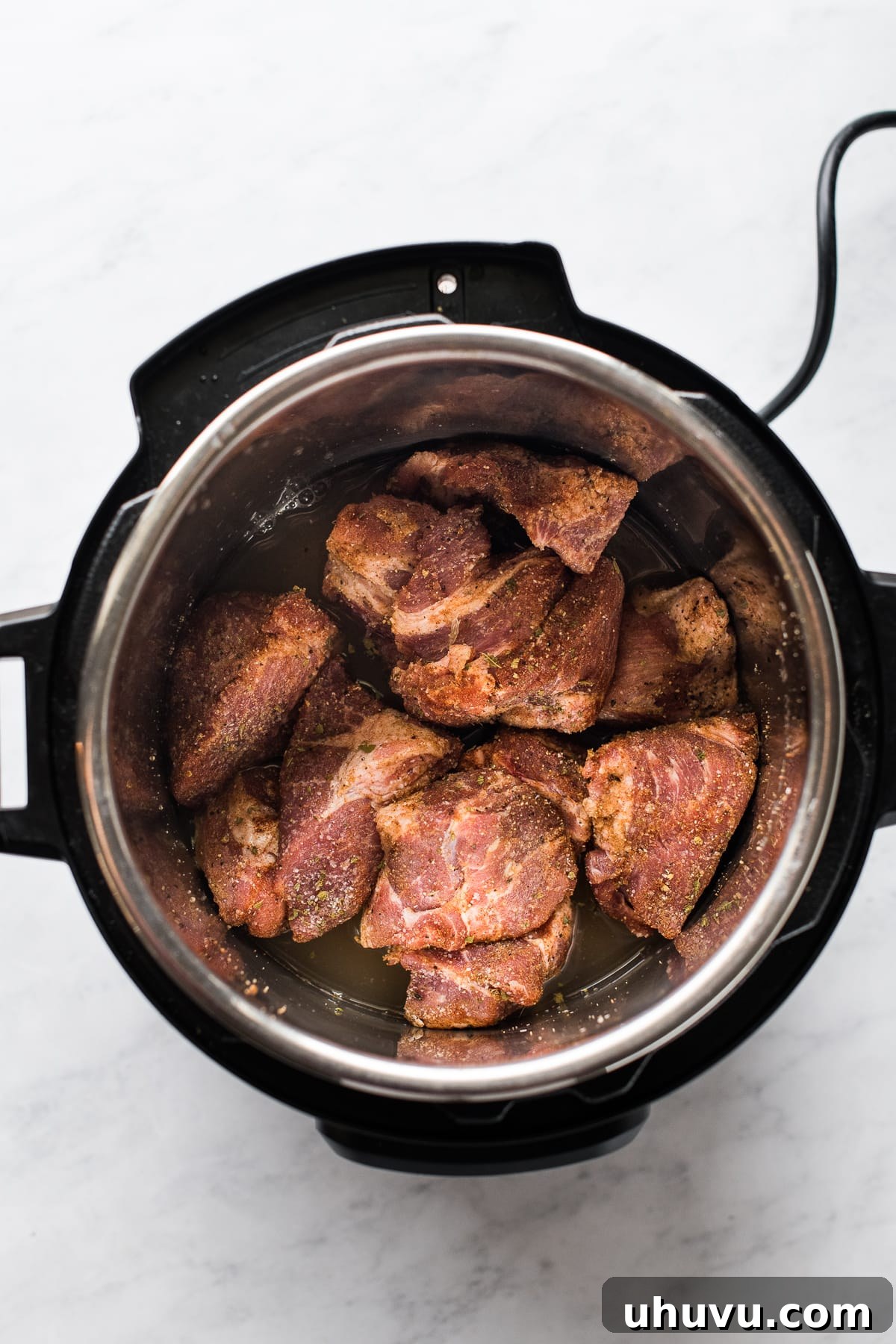 Lightning-Fast Crispy Carnitas 5 Seasoned chunks of pork shoulder in an Instant Pot pressure cooker.