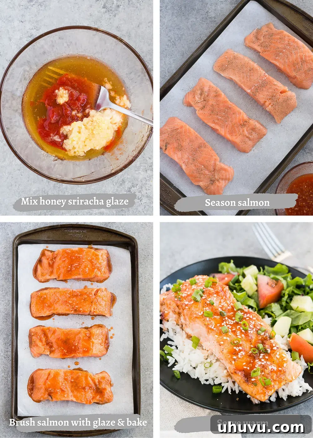 A series of process shots showing the steps to make honey glazed salmon, from preparing the glaze to brushing it on the fish and baking.