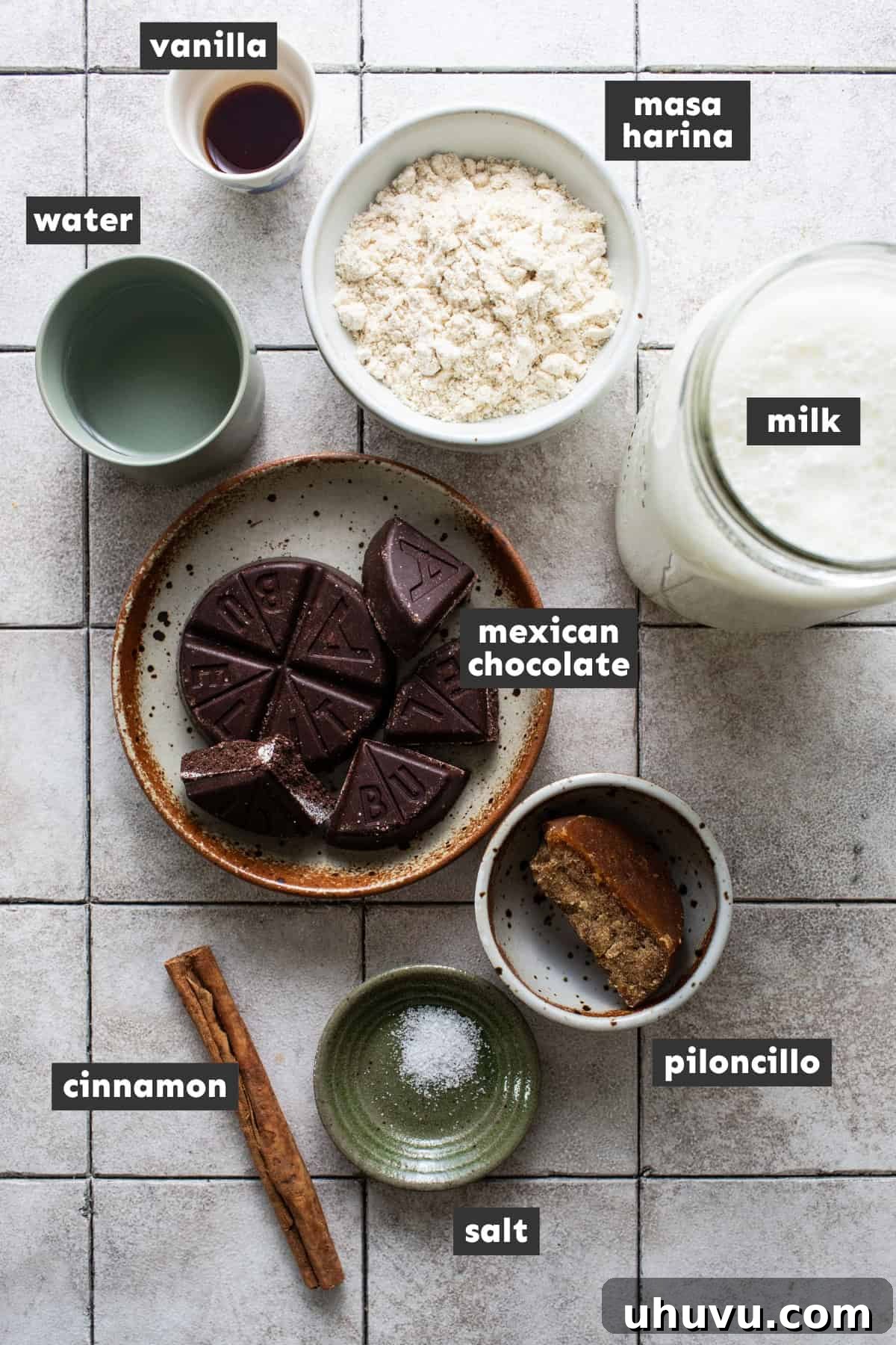 Velvet Corn Chocolate 3 All ingredients for champurrado recipe are laid out on a table ready to use.