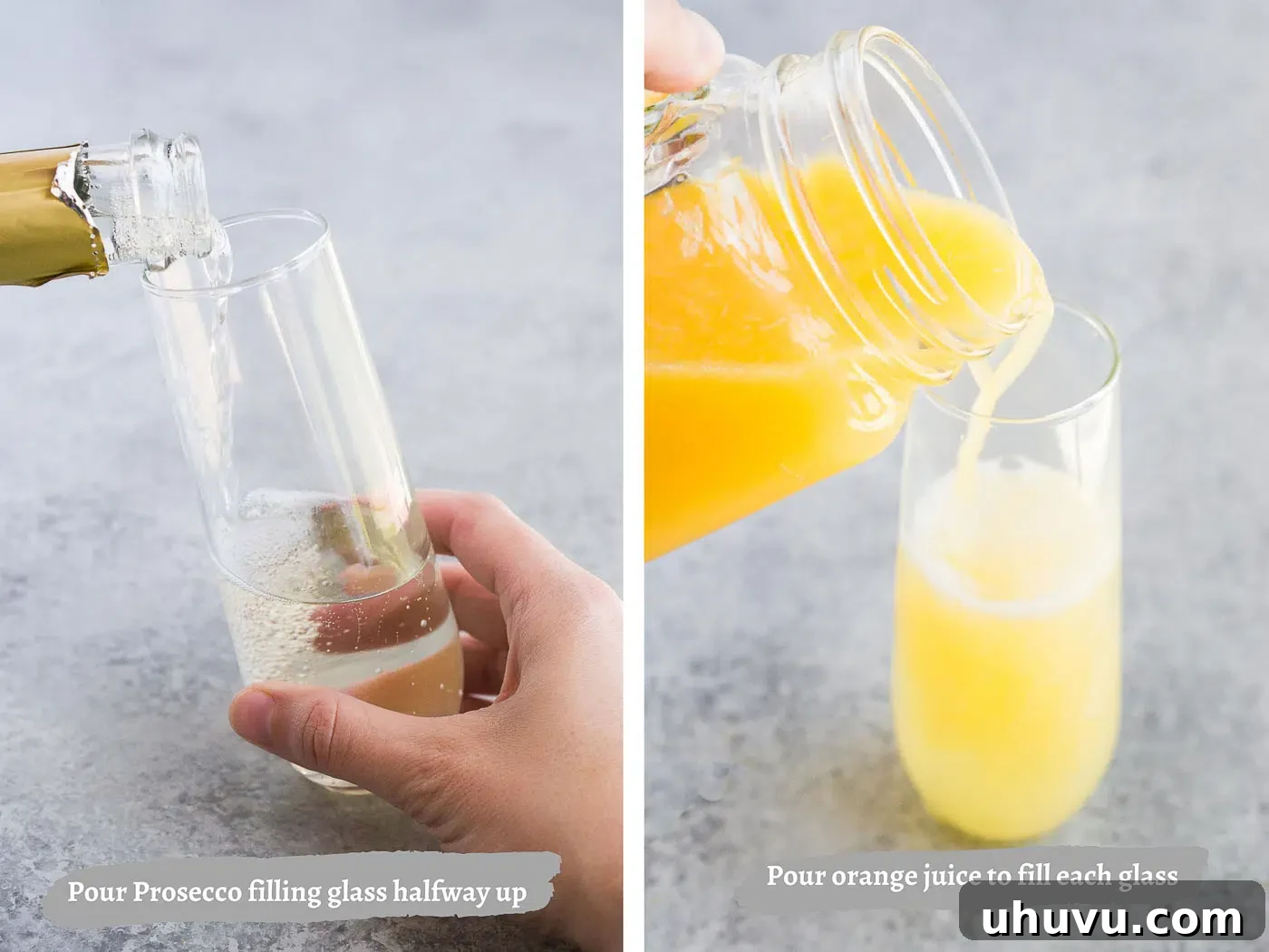 A visual guide showing the simple steps for making a mimosa cocktail: pouring sparkling wine and then orange juice into a flute, demonstrating ease of preparation.