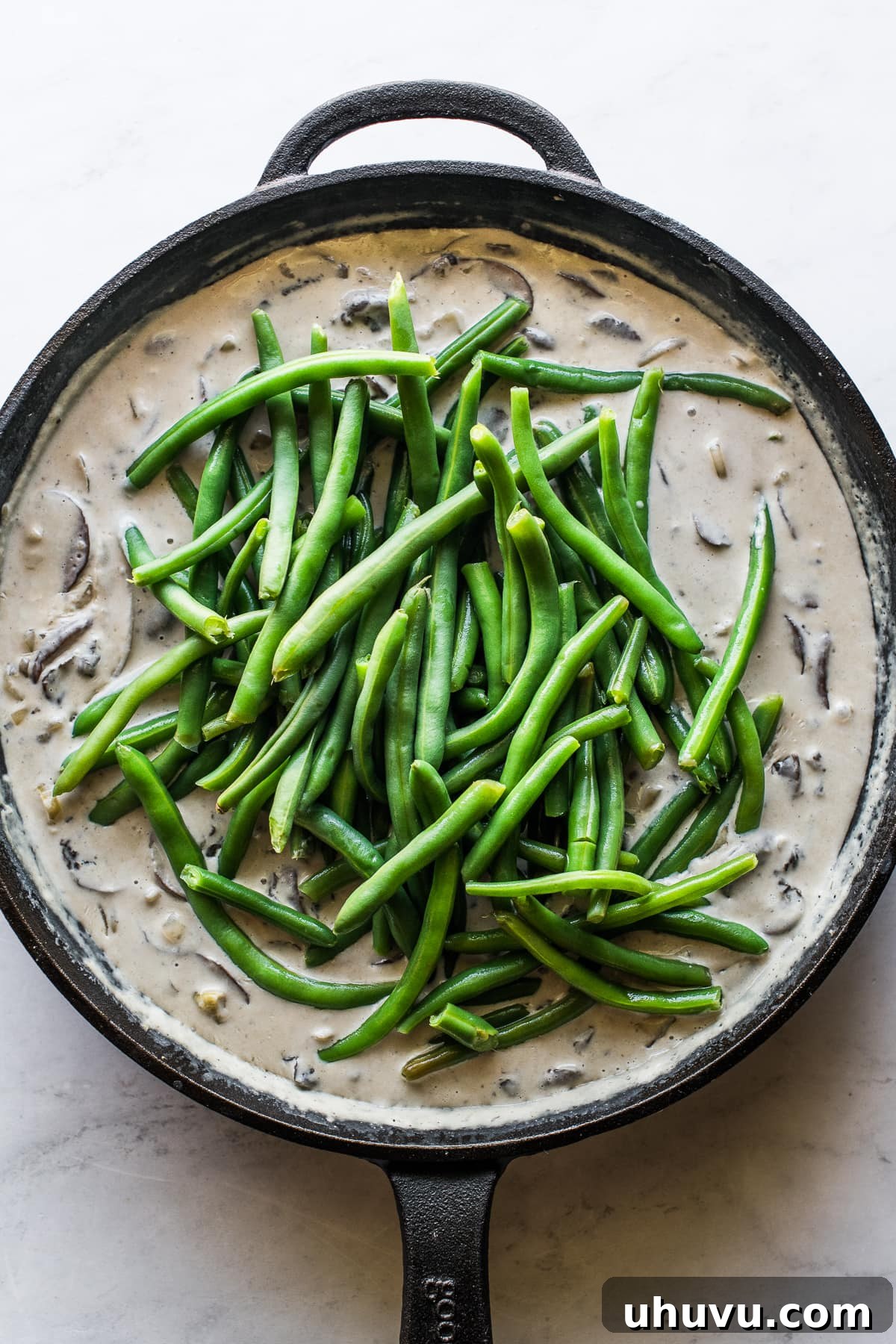 Ultimate Fresh Green Bean Bake 5 Fresh blanched green beans tossed with the homemade creamy mushroom and onion sauce, ready for baking.