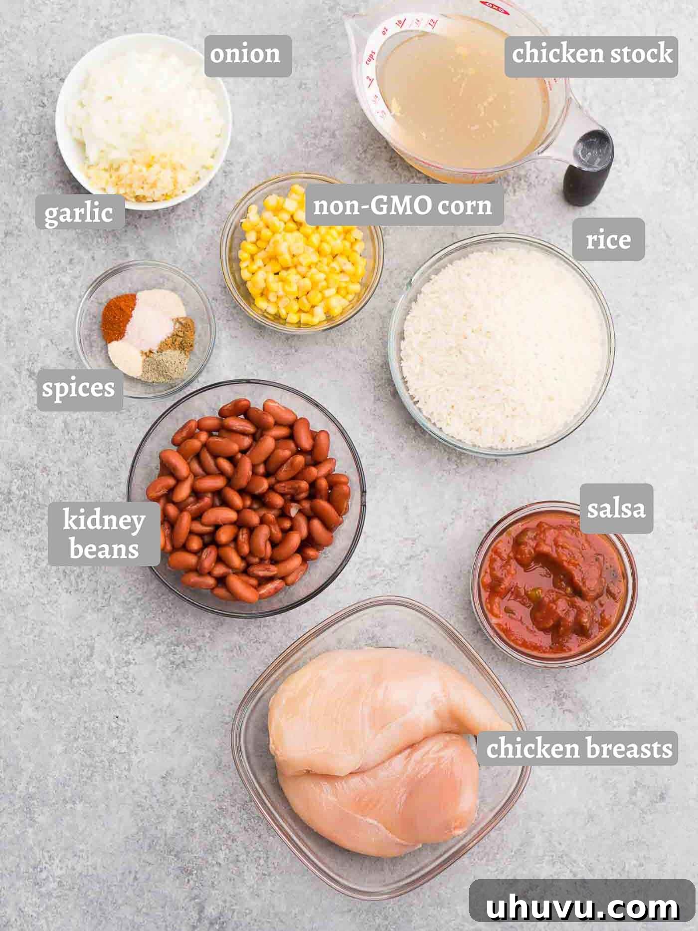 A flat lay of fresh ingredients laid out for Instant Pot Southwestern chicken and rice