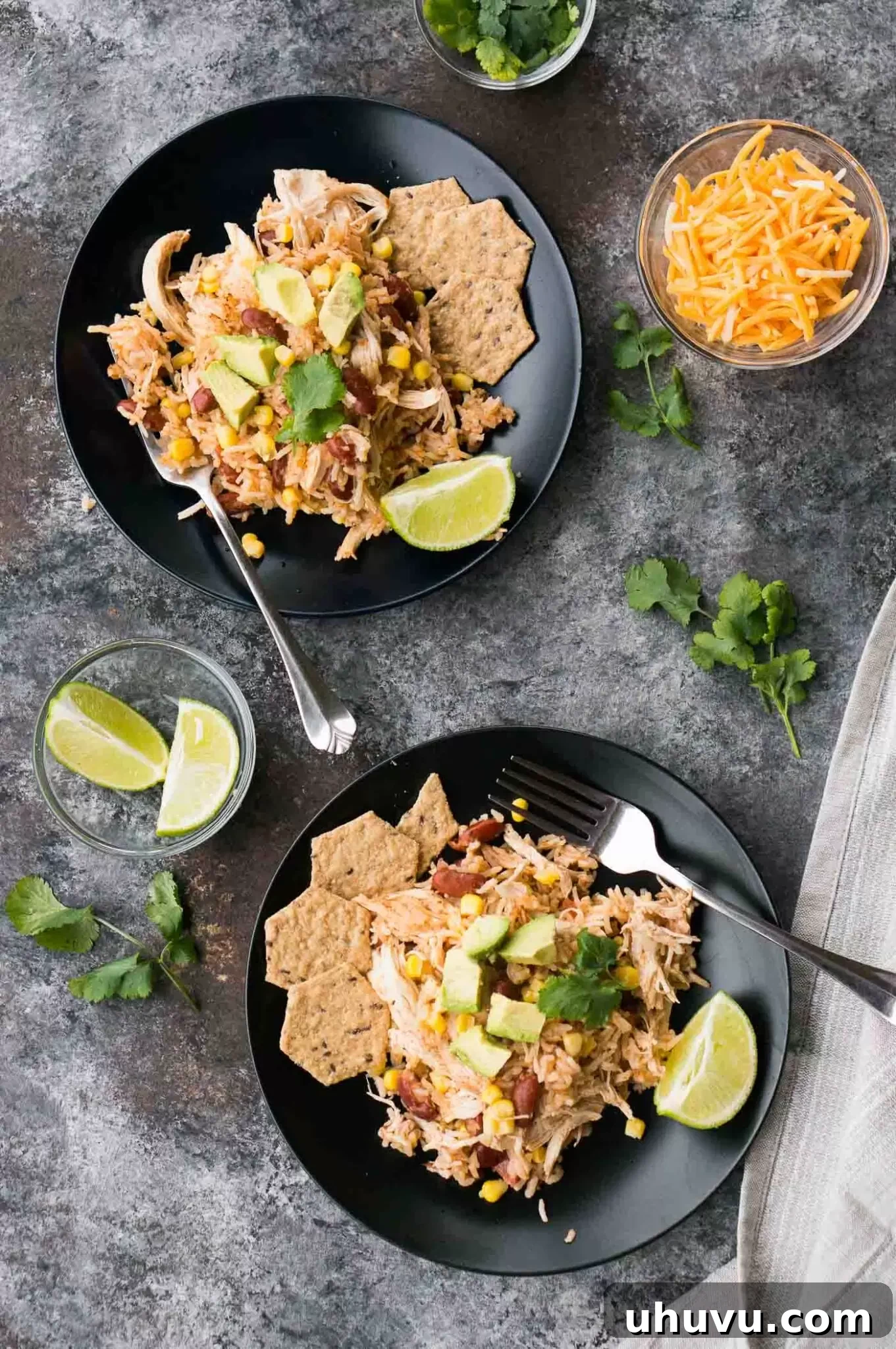 Two plates of Instant Pot Southwestern Chicken and Rice with various toppings
