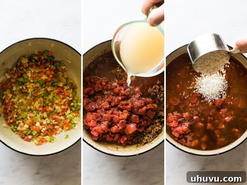 Hearty Bell Pepper and Beef Rice Soup 4 Collage of step-by-step photos demonstrating how to prepare stuffed pepper soup.