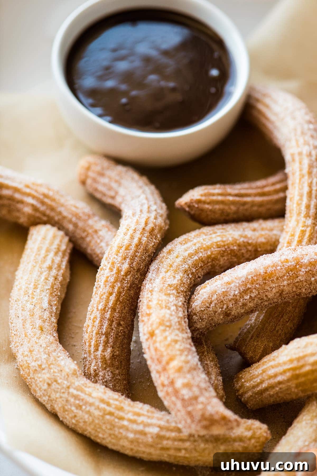 Authentic Churros From Scratch 2 Churros coated with cinnamon sugar on a serving platter.