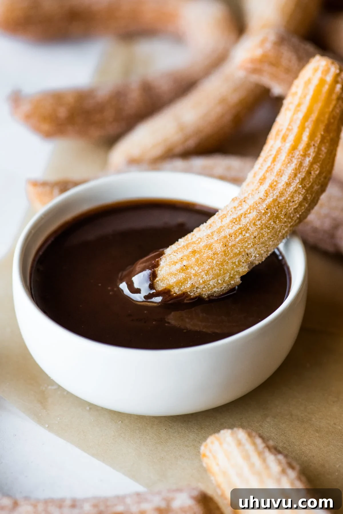 Authentic Churros From Scratch 8 Churros dipped in a chocolate sauce.