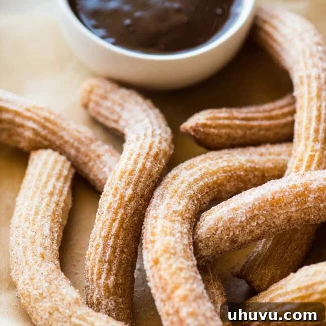 Authentic Churros From Scratch 9 Churros coated with cinnamon sugar on a serving platter.