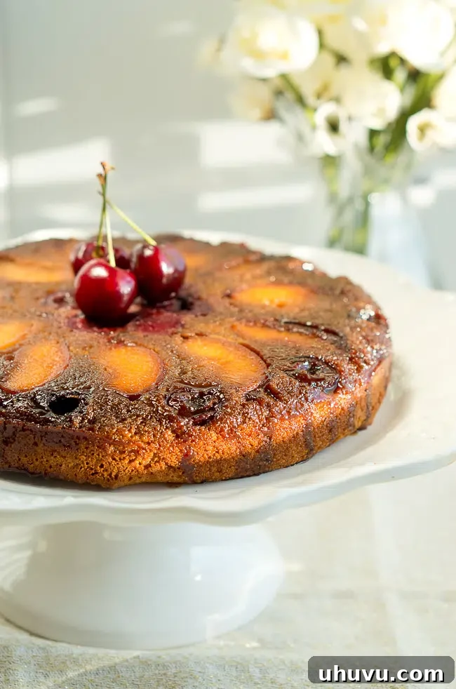 Beautifully inverted Peach Cherry Upside Down Cake on a serving platter, ready to enjoy.