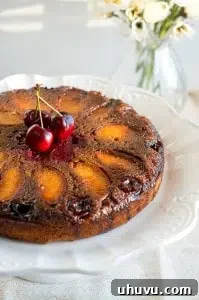 A vibrant Peach Cherry Upside Down Cake with caramelized fruit