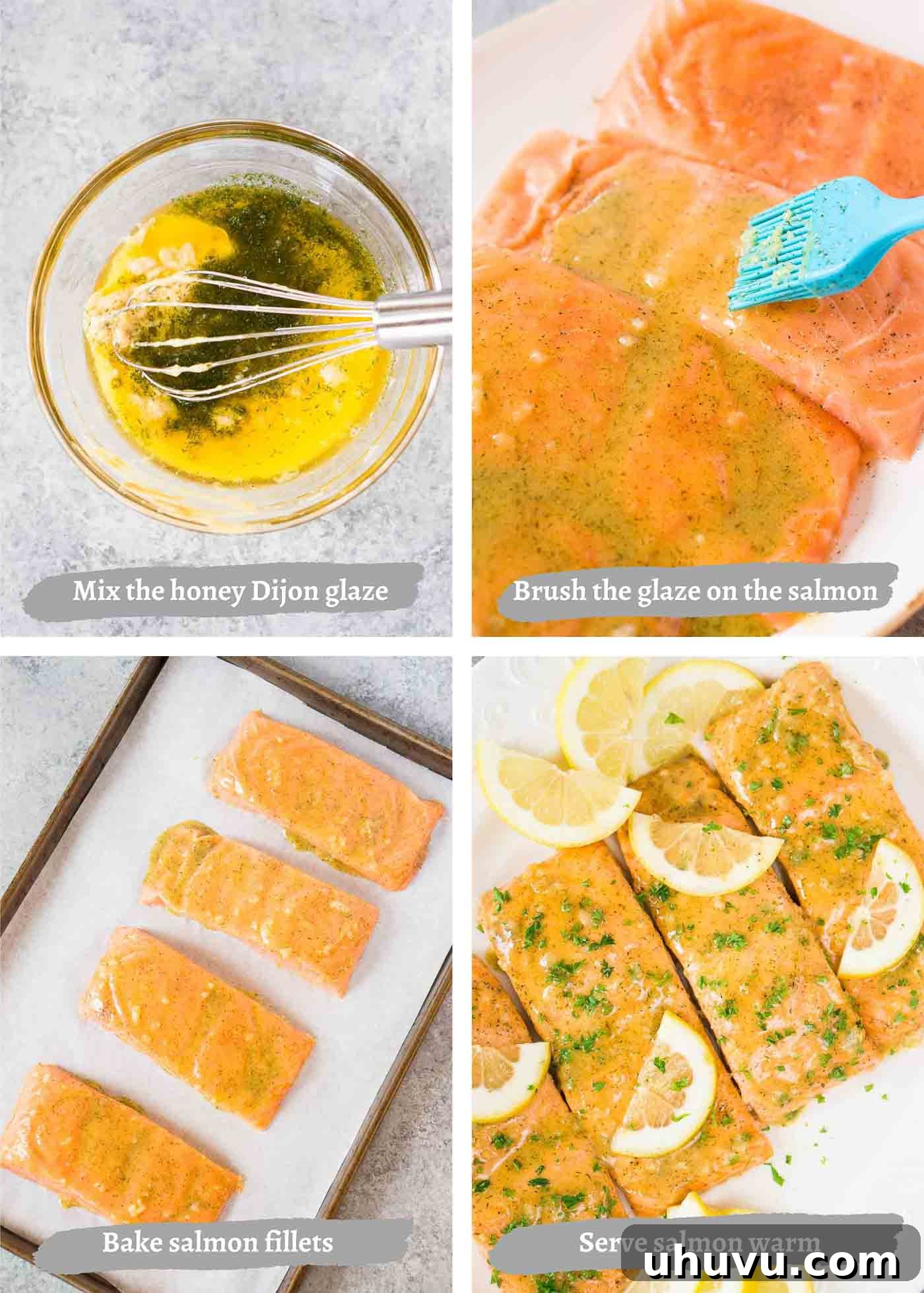 Quick Wholesome Honey Dijon Salmon Bake 5 Step-by-step process shots showing how to prepare honey mustard salmon in the oven, from glazing to baking
