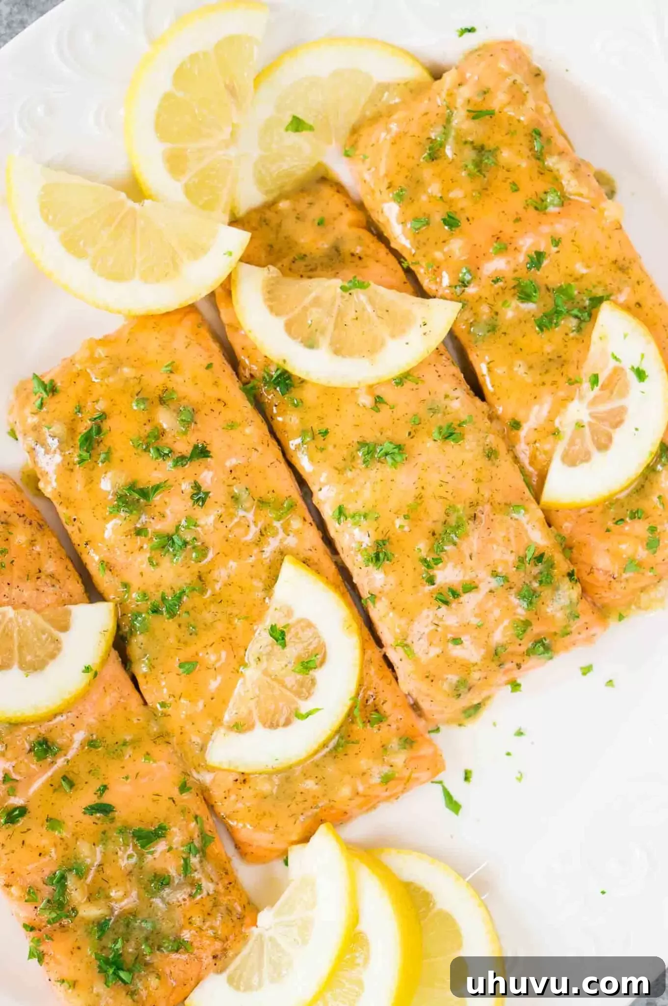 Beautifully glazed Honey Dijon Salmon fillets presented on a white platter, garnished with fresh dill and lemon