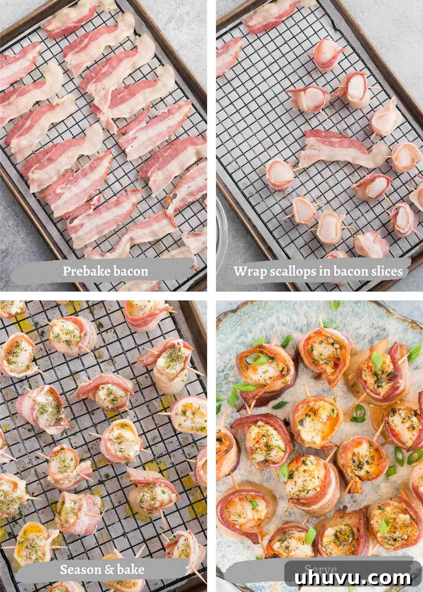 Smoky Bacon-Wrapped Scallop Bites 5 A step-by-step visual guide showing the process of preparing and baking bacon wrapped scallops in the oven.