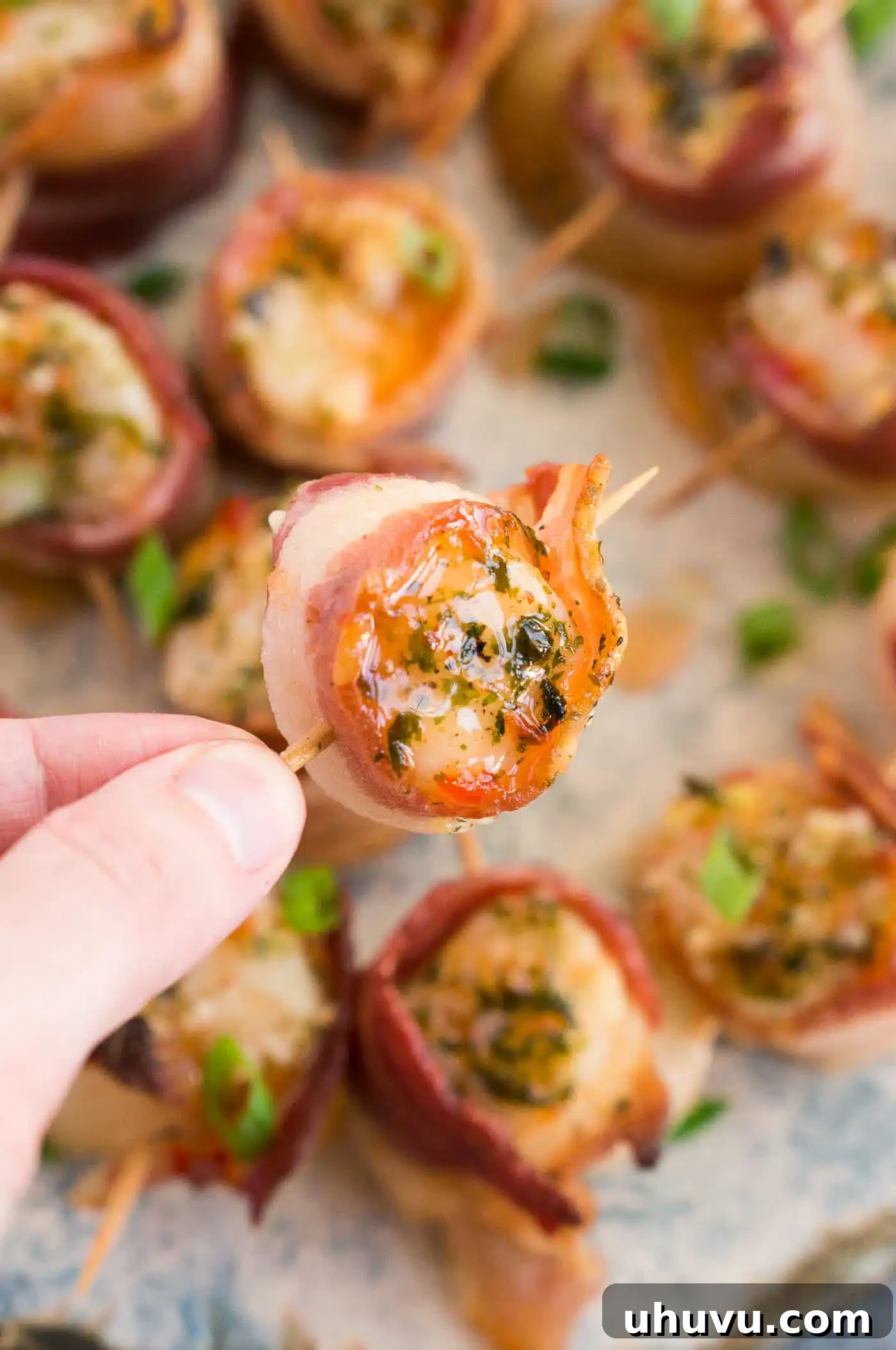 Smoky Bacon-Wrapped Scallop Bites 6 A hand holding a single bacon-wrapped scallop, showcasing its perfect golden-brown crispness and tempting presentation.