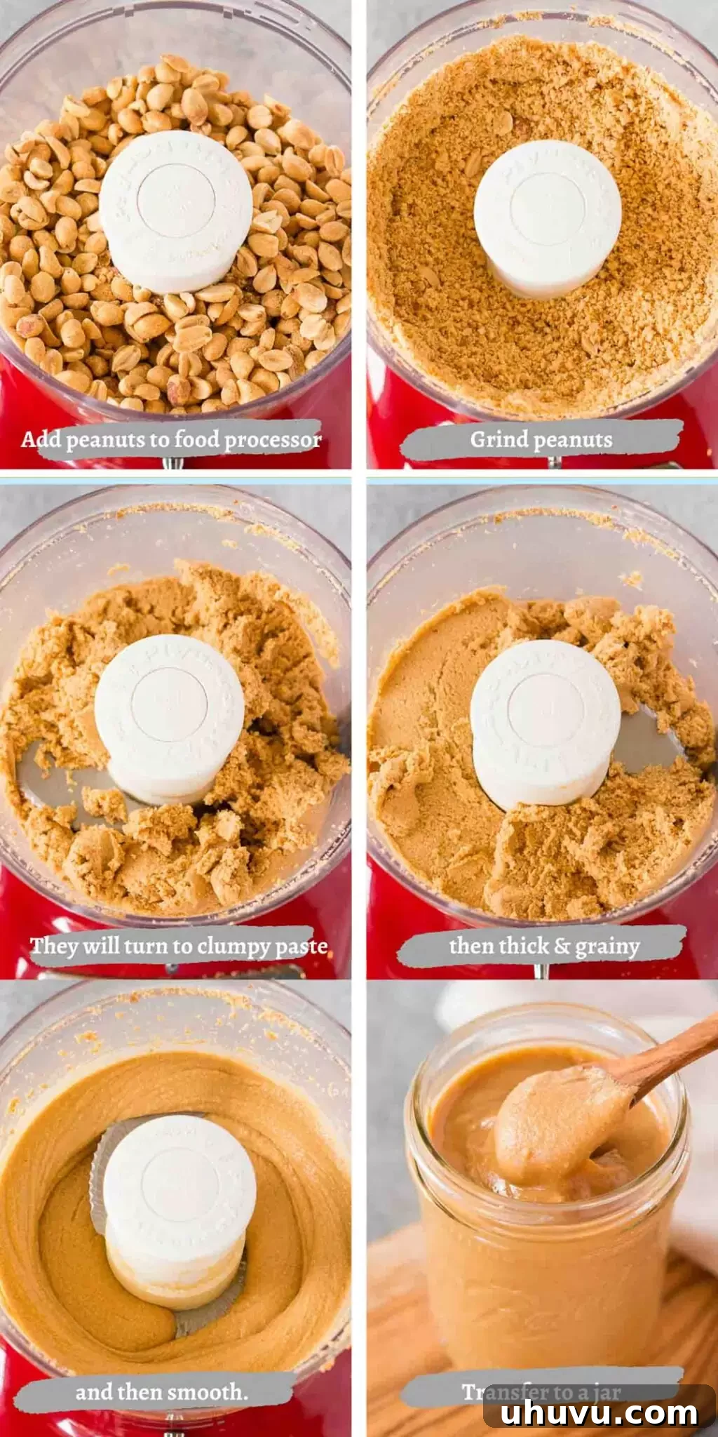 process shots of making peanut butter, showing the transformation from whole peanuts to creamy spread