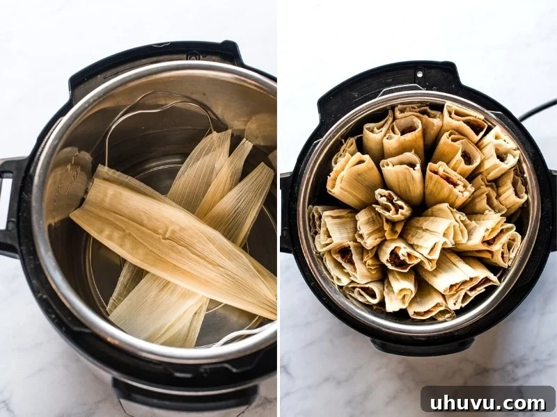 Instant Pot filled with tamales ready for pressure cooking.