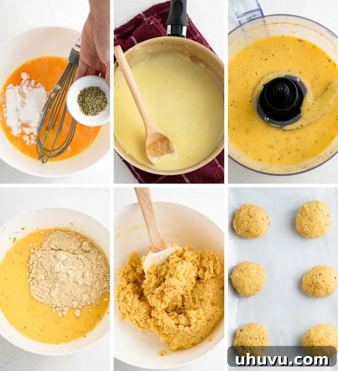 A step-by-step visual of the dough being formed for cheese bagels on a baking sheet.