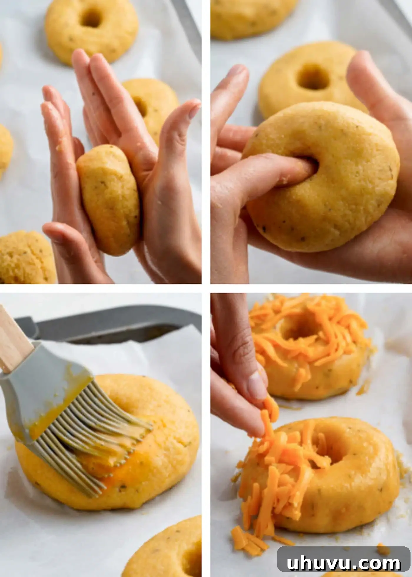 Raw keto cheese bagel dough being shaped and prepared for baking.
