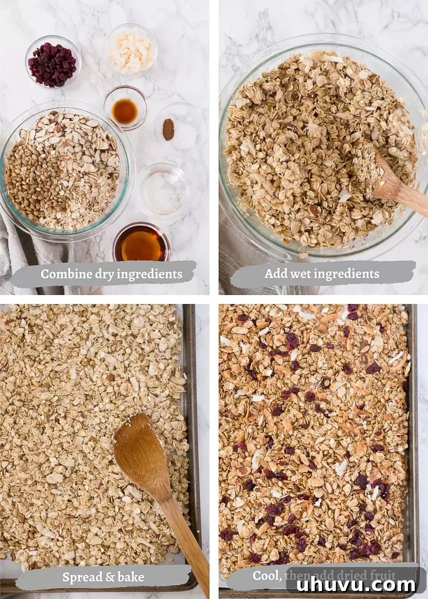 A series of three images showing the step-by-step process of making granola: mixing ingredients, spreading on a baking sheet, and stirring while baking.