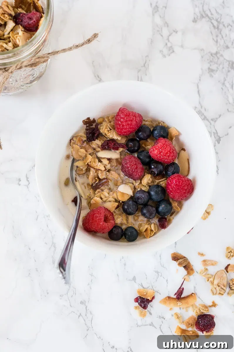 Homemade granola served generously over a bowl of creamy yogurt, topped with fresh berries.
