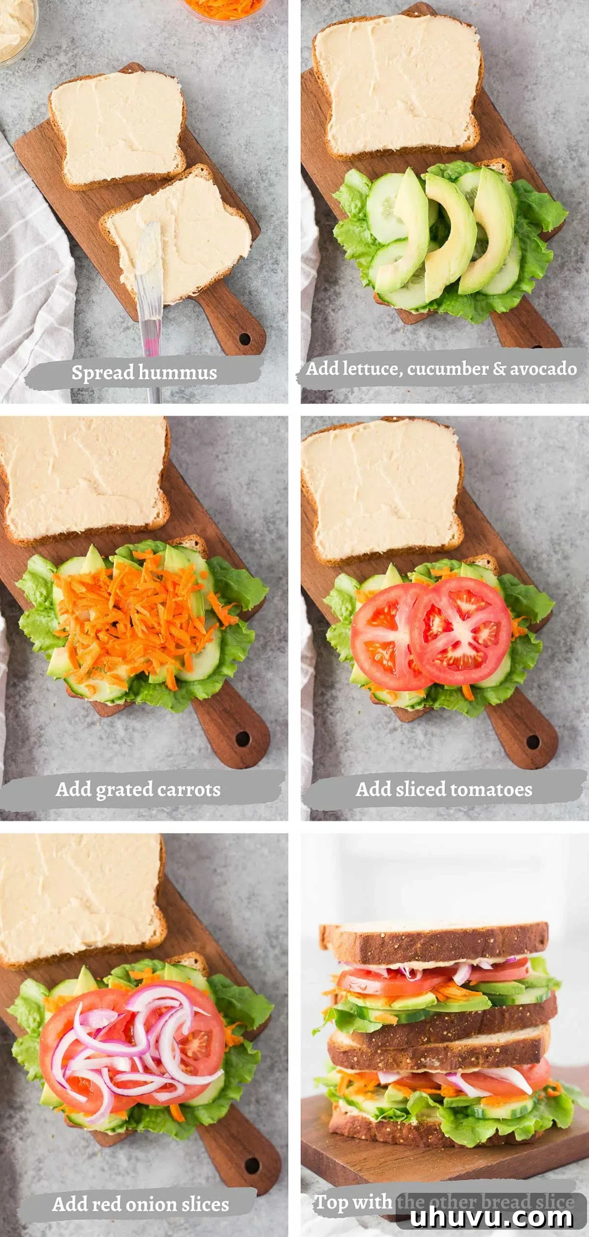 Step-by-step process of building a healthy veggie sandwich, showing each layer from hummus spread to stacked vegetables.