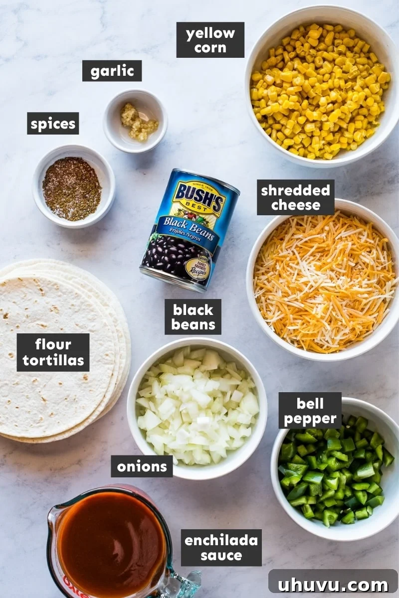 Savory Black Bean Enchiladas 3 Ingredients in black bean enchiladas on a table.
