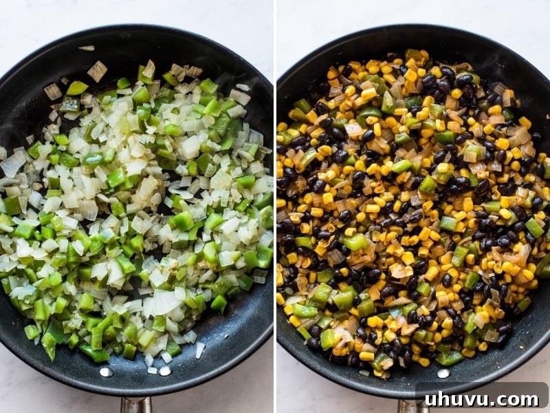 Savory Black Bean Enchiladas 4 A skillet with black beans, corn, peppers, and onions.