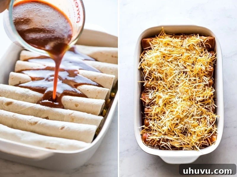 Savory Black Bean Enchiladas 6 Black bean enchiladas topped with red enchilada sauce and shredded cheese.