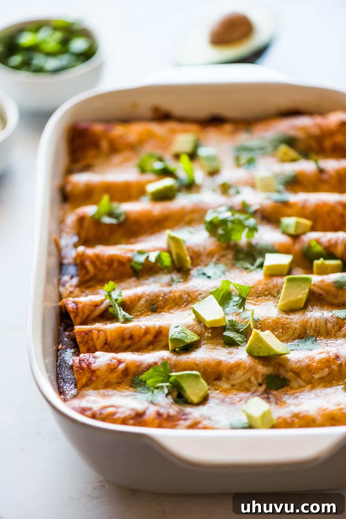 Savory Black Bean Enchiladas 7 Black bean enchiladas topped with diced avocados and cilantro in a baking dish.