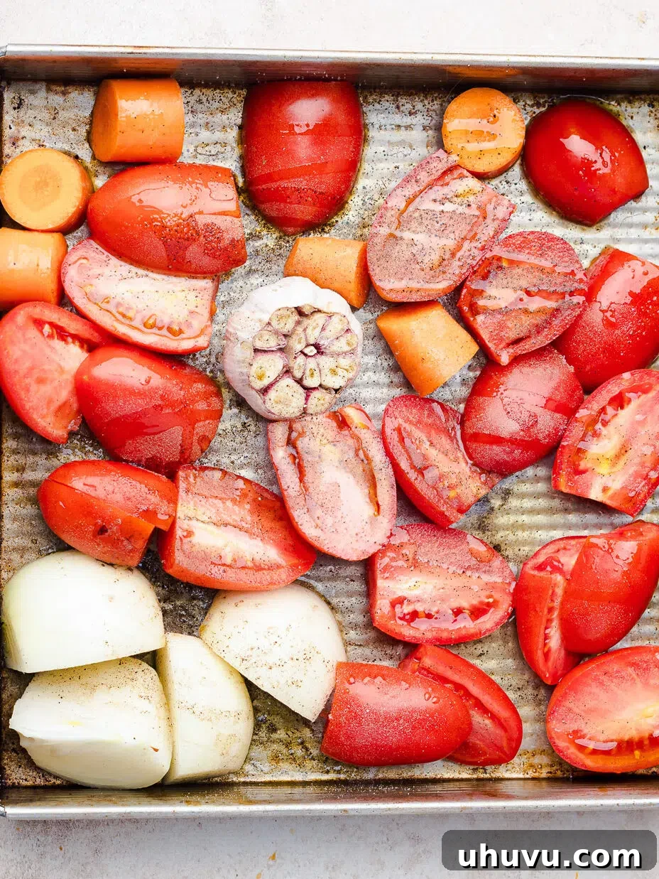 roasting tomatoes, onion and garlic for tomato soup