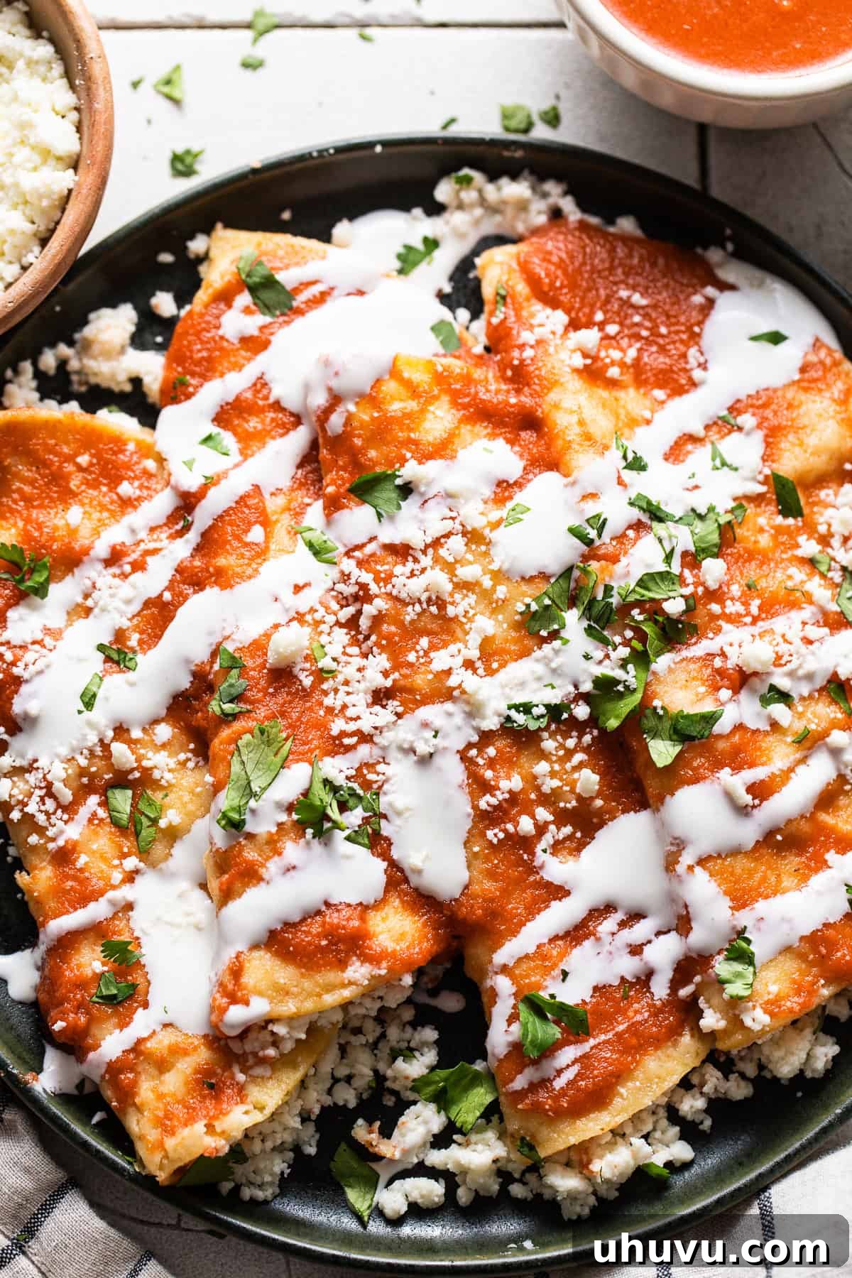 Tomato-Smothered Tortillas 9 A plate of assembled entomatadas, garnished and ready to be served.