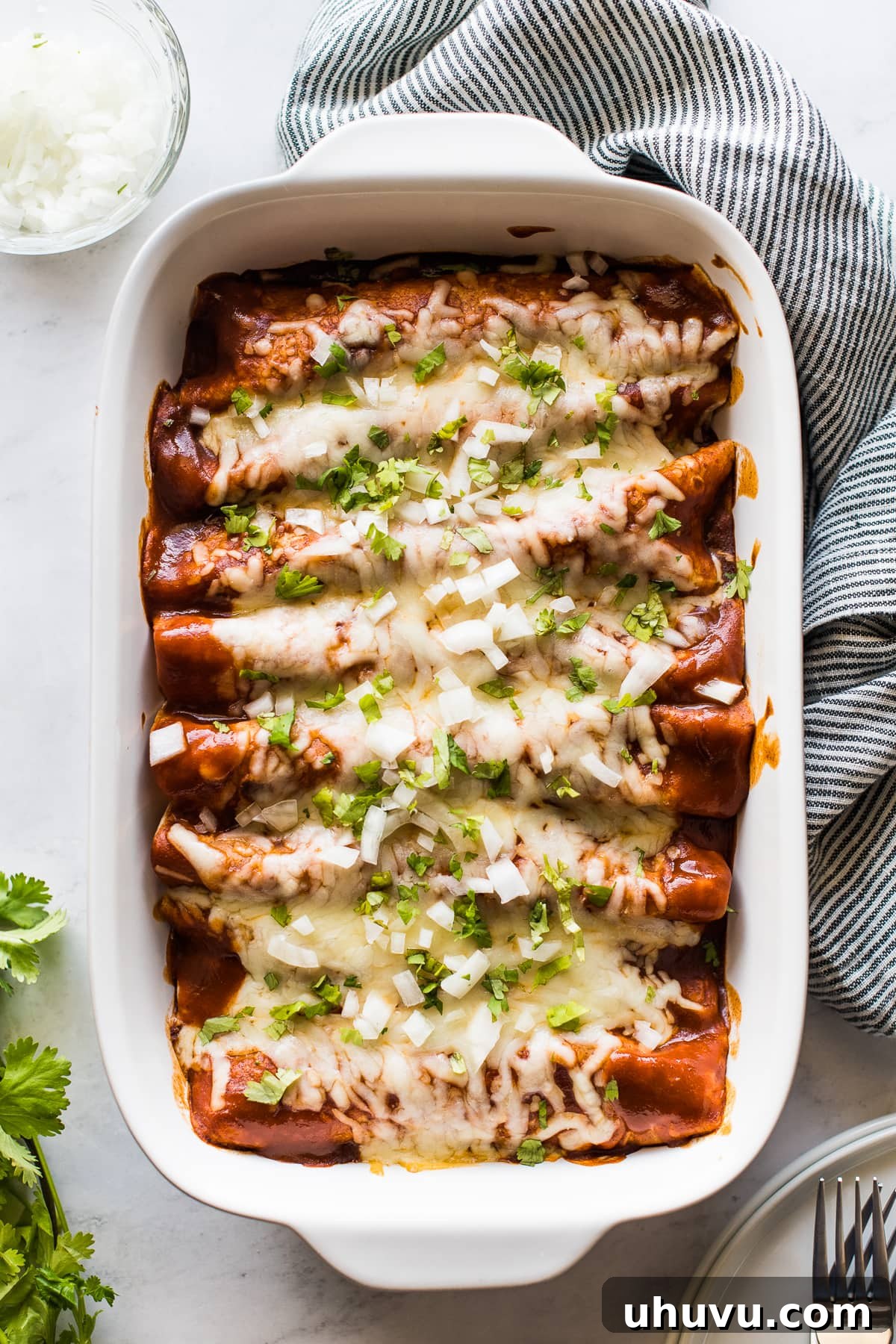 Savory Turkey Enchilada Bake 2 A baking dish filled with golden-brown Turkey Enchiladas, garnished with fresh cilantro and diced red onions, ready to serve.