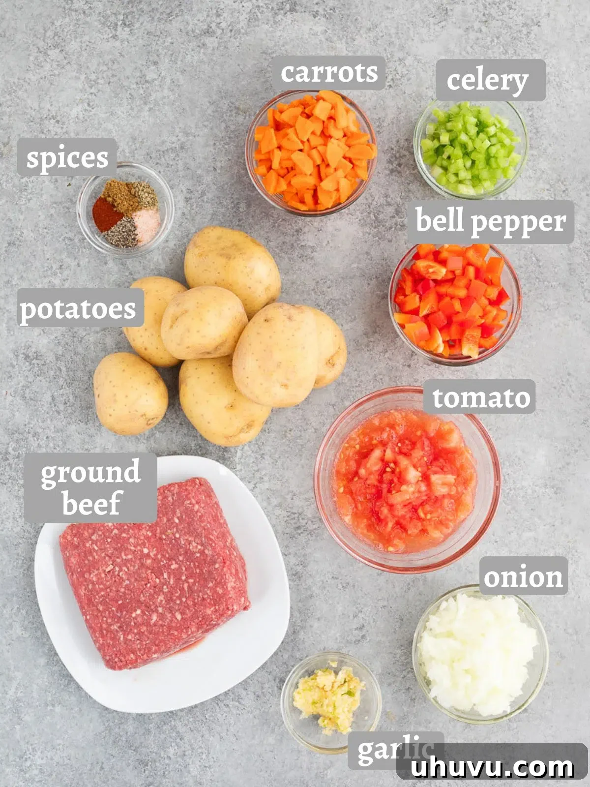 moussaka ingredients - potatoes, beef and vegetables