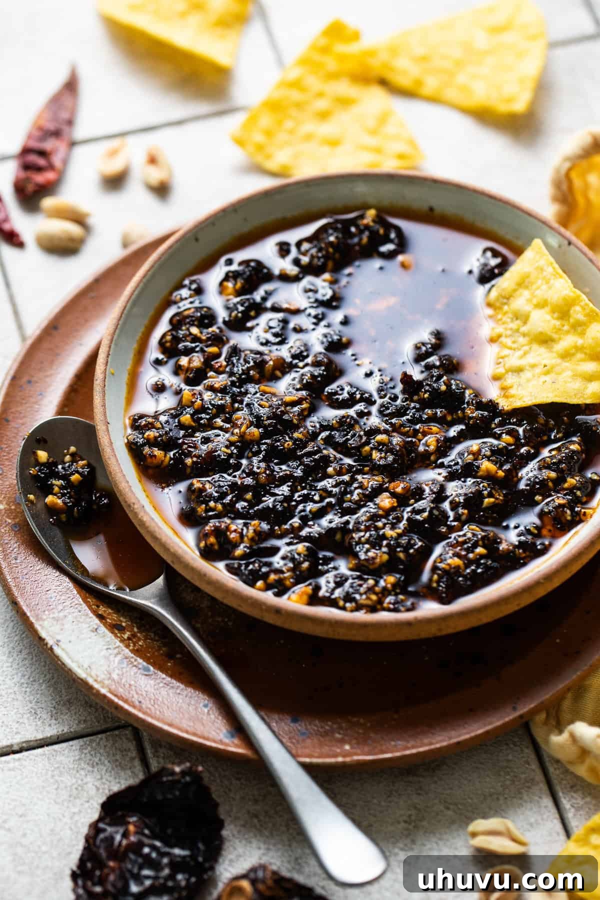 Salsa Macha presented in a decorative bowl, ready to be enjoyed