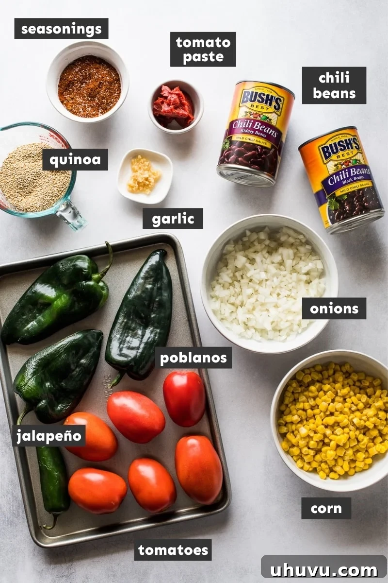 Hearty Quinoa Black Bean Chili 3 A beautifully arranged spread of fresh ingredients for Quinoa Black Bean Chili, including vibrant peppers, ripe tomatoes, various spices, and beans, ready to be transformed into a delicious meal.