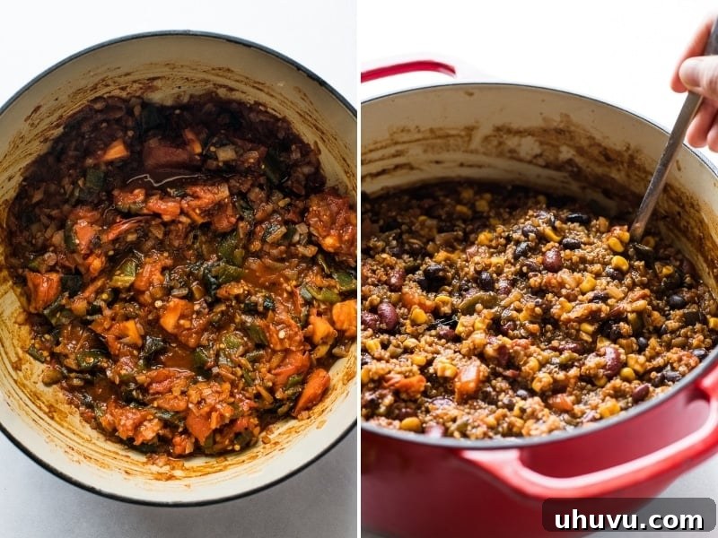 Hearty Quinoa Black Bean Chili 4 A step-by-step visual guide showing how to prepare Quinoa Black Bean Chili, highlighting the ease and simplicity of the cooking process.