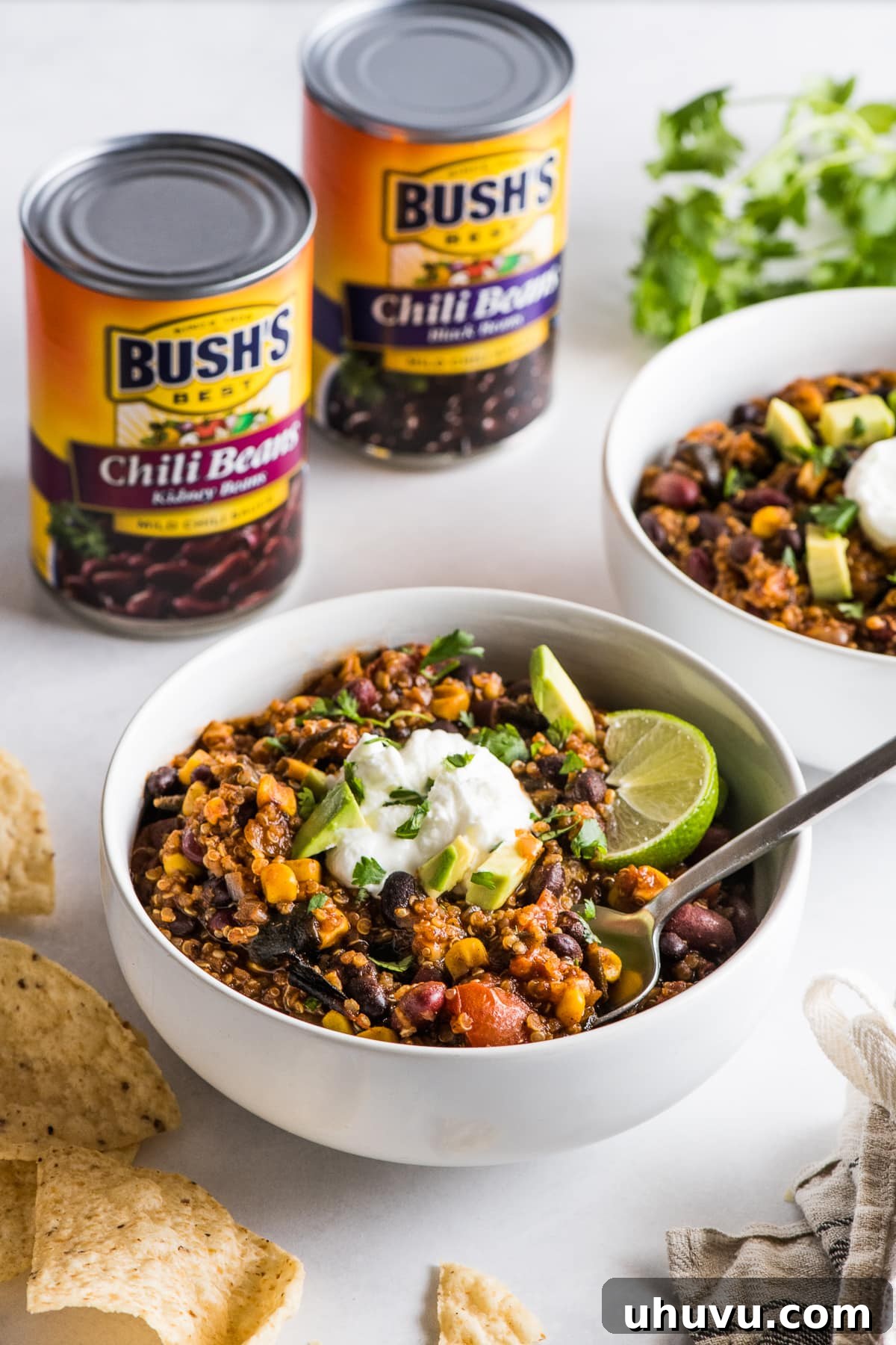 Hearty Quinoa Black Bean Chili 5 A comforting bowl of Quinoa Black Bean Chili presented alongside a pile of crunchy tortilla chips, perfect for dipping and enjoying.