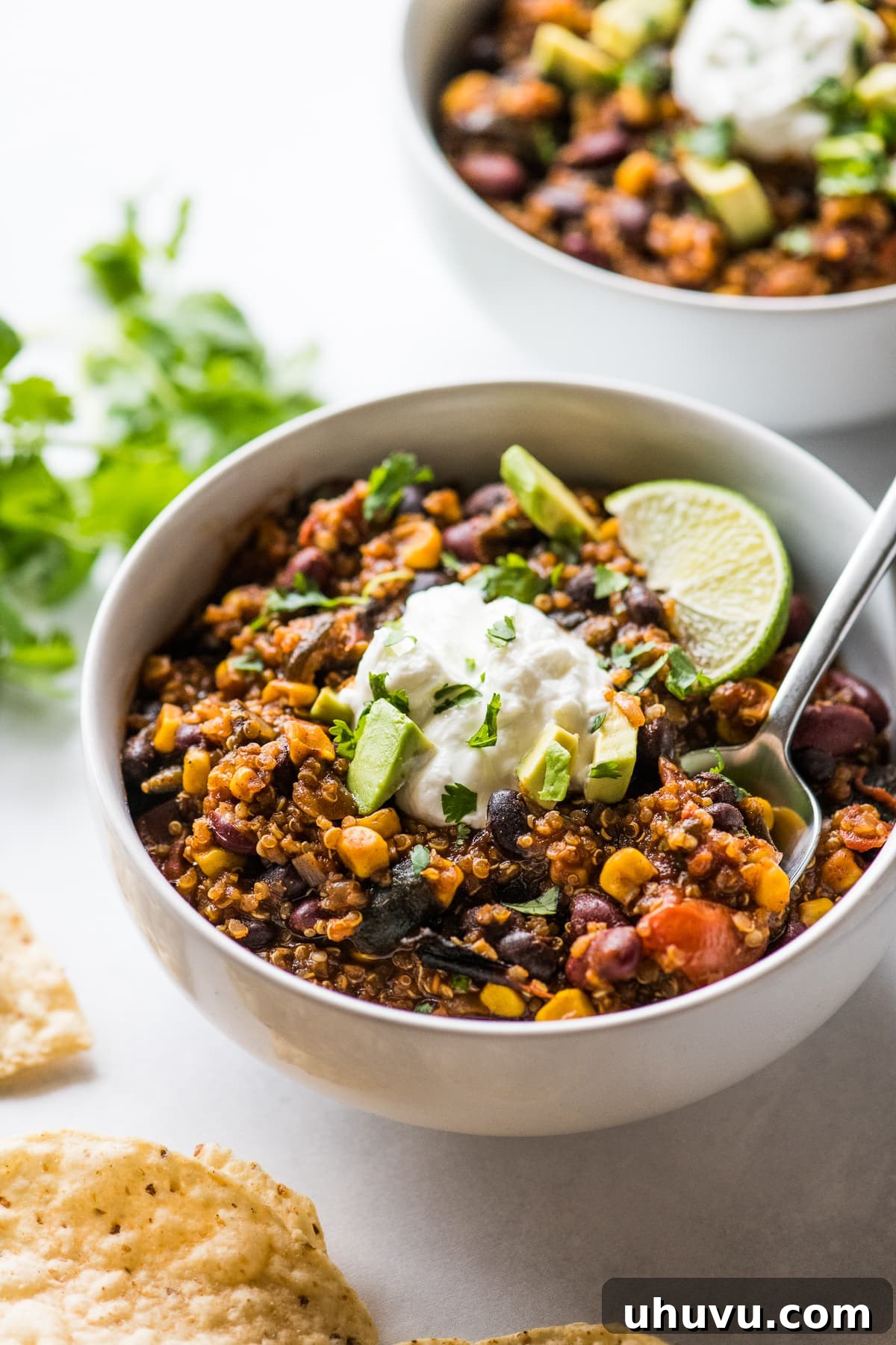 Hearty Quinoa Black Bean Chili 6 A close-up view of a bowl of vegetarian black bean and quinoa chili with a spoon, showcasing its rich texture and inviting appearance, ready to be enjoyed.