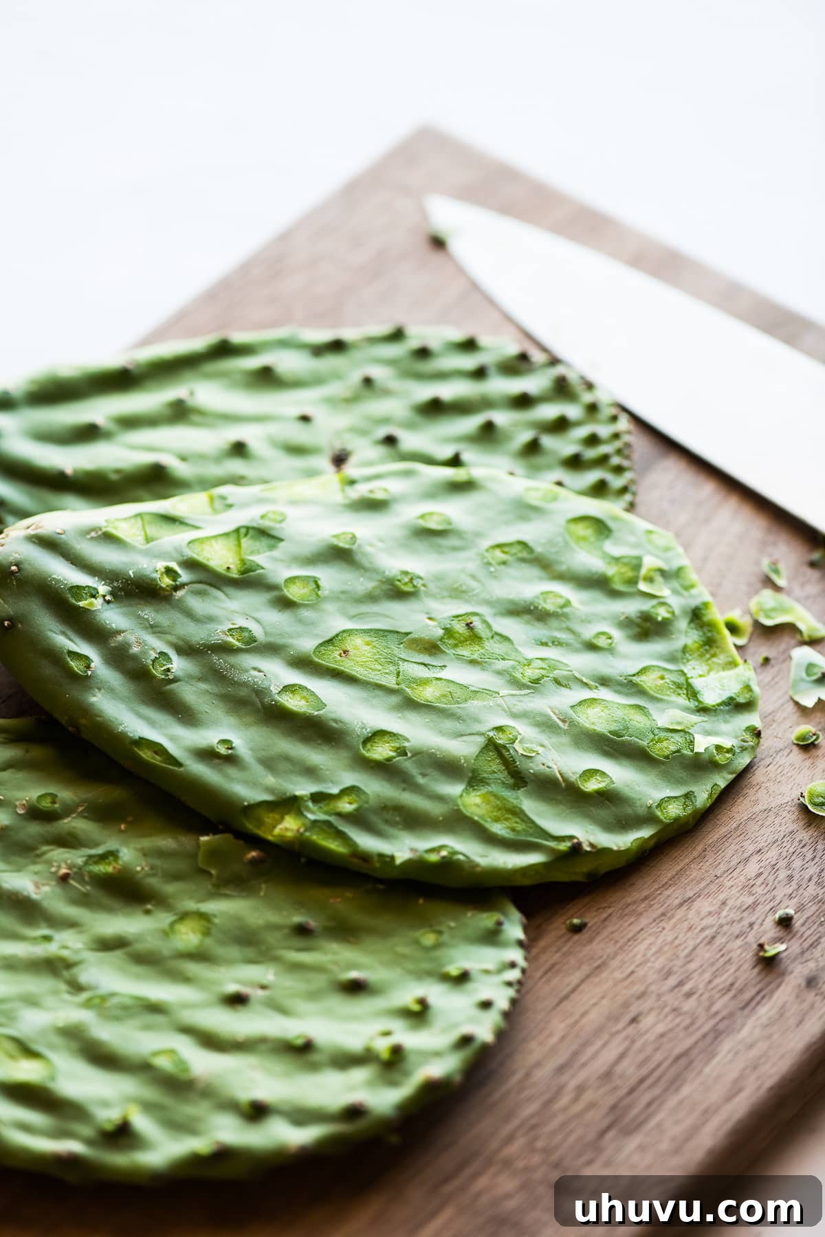 Nopales Made Easy 4 Nopales on a cutting board with spines and thorns expertly sliced off, showcasing a clean, smooth surface.