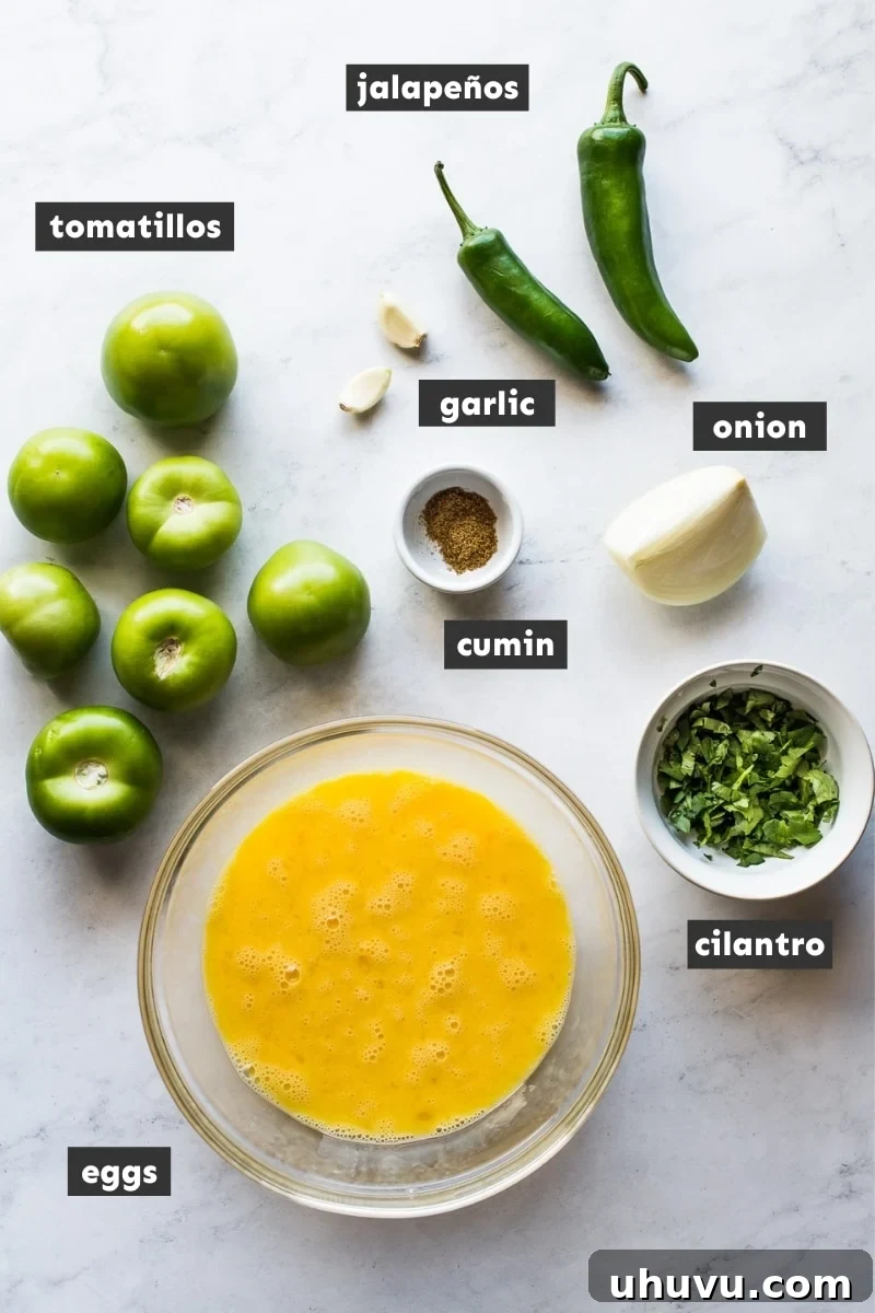 Green Chile Egg Delight 3 Fresh ingredients for Huevo en Chile Verde laid out on a wooden surface, including tomatillos, jalapeños, cilantro, onion, garlic, and eggs.