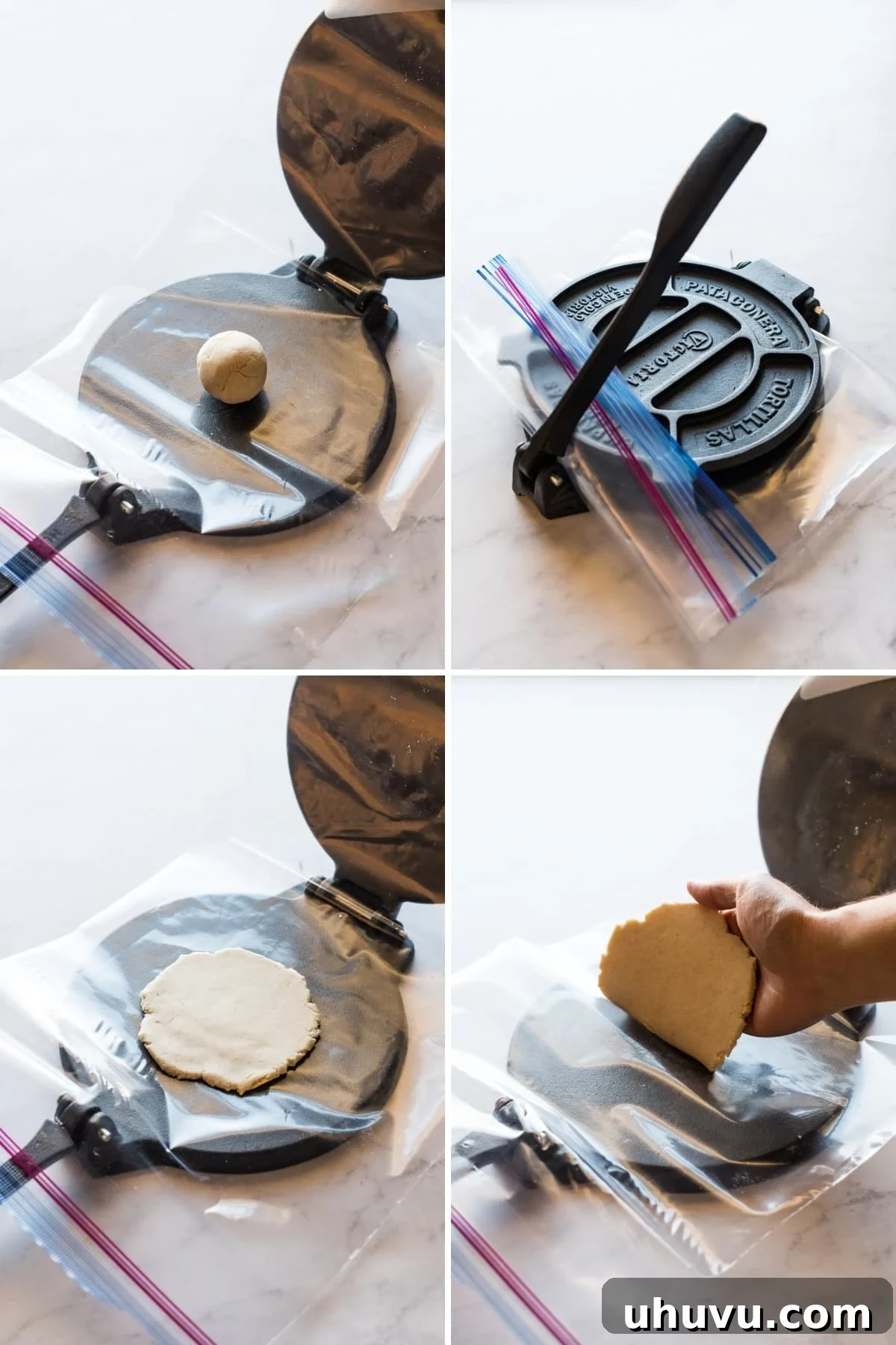 Sopes 5 Masa dough being flattened out for sopes using a tortilla press.