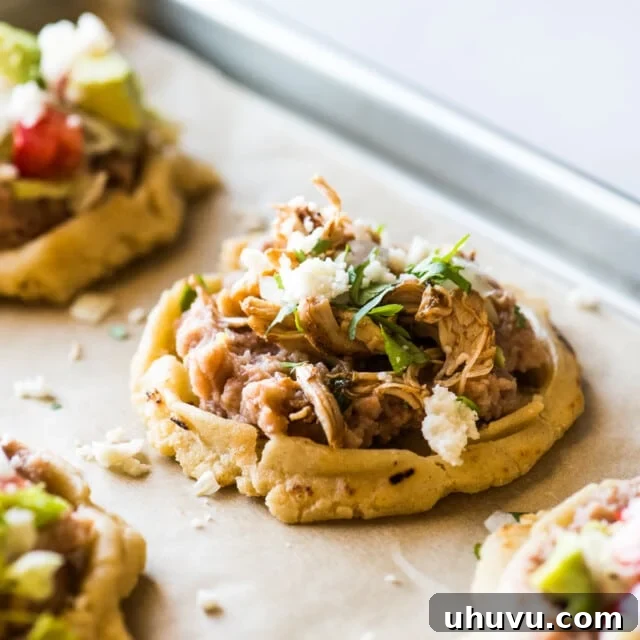 Sopes topped with shredded carnitas and queso fresco.