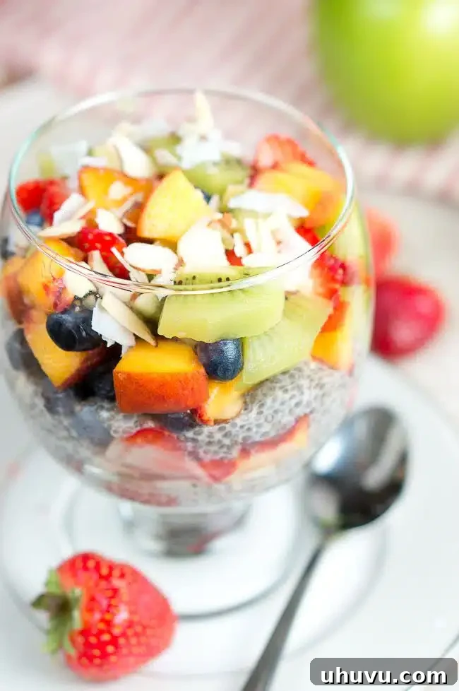 Beautifully layered Fruit Chia Pudding Parfait with fresh berries and nuts, ready for breakfast