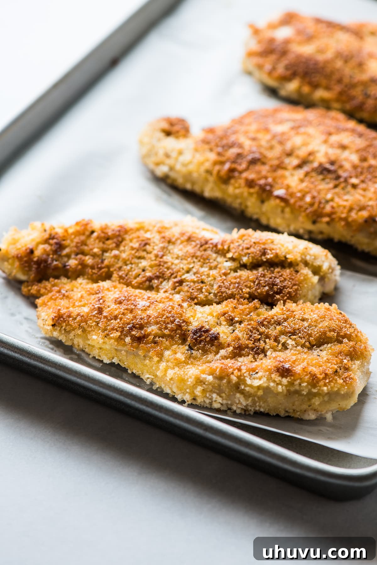 Milanesa de Pollo (Chicken Milanese) cutlets on a baking sheet.