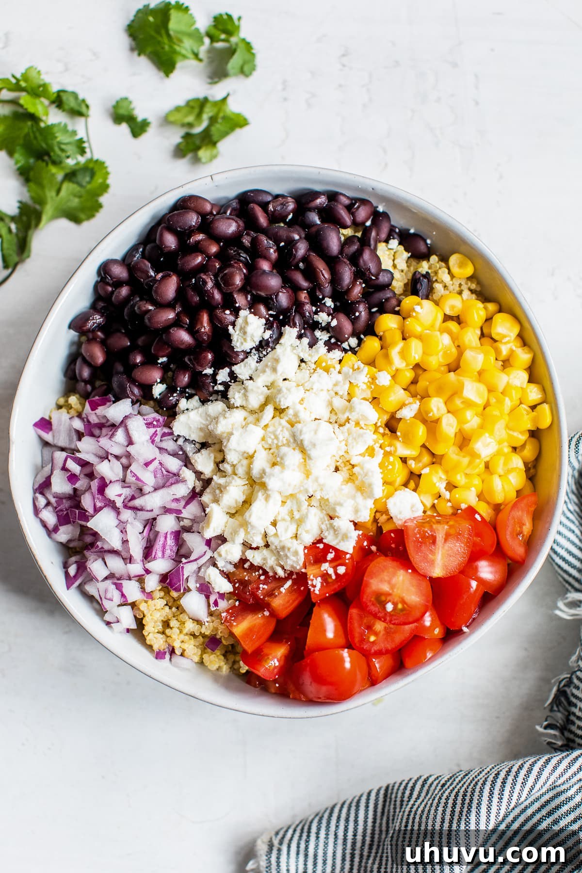 Fiesta Quinoa Bowl 4 All the fresh ingredients for Mexican Quinoa Salad arranged in a bowl before mixing.