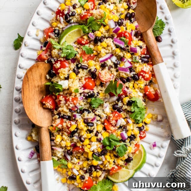Mexican Quinoa Salad topped with cilantro and served with lime wedges.