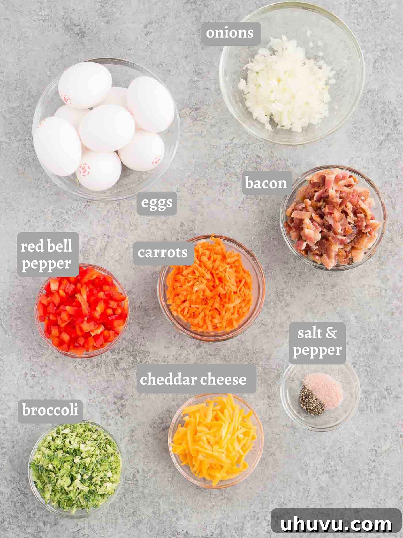 Easy Egg Bites 4 various fresh ingredients laid out for egg breakfast muffins preparation