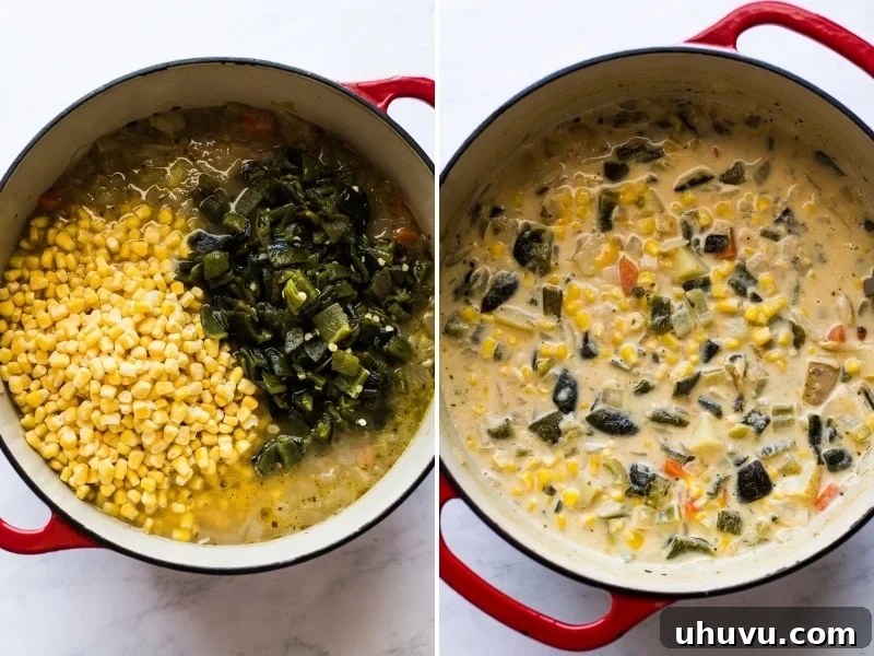 Smoky Roasted Poblano Corn Chowder 5 A large pot filled with rich, creamy roasted poblano corn chowder, ready to be served.