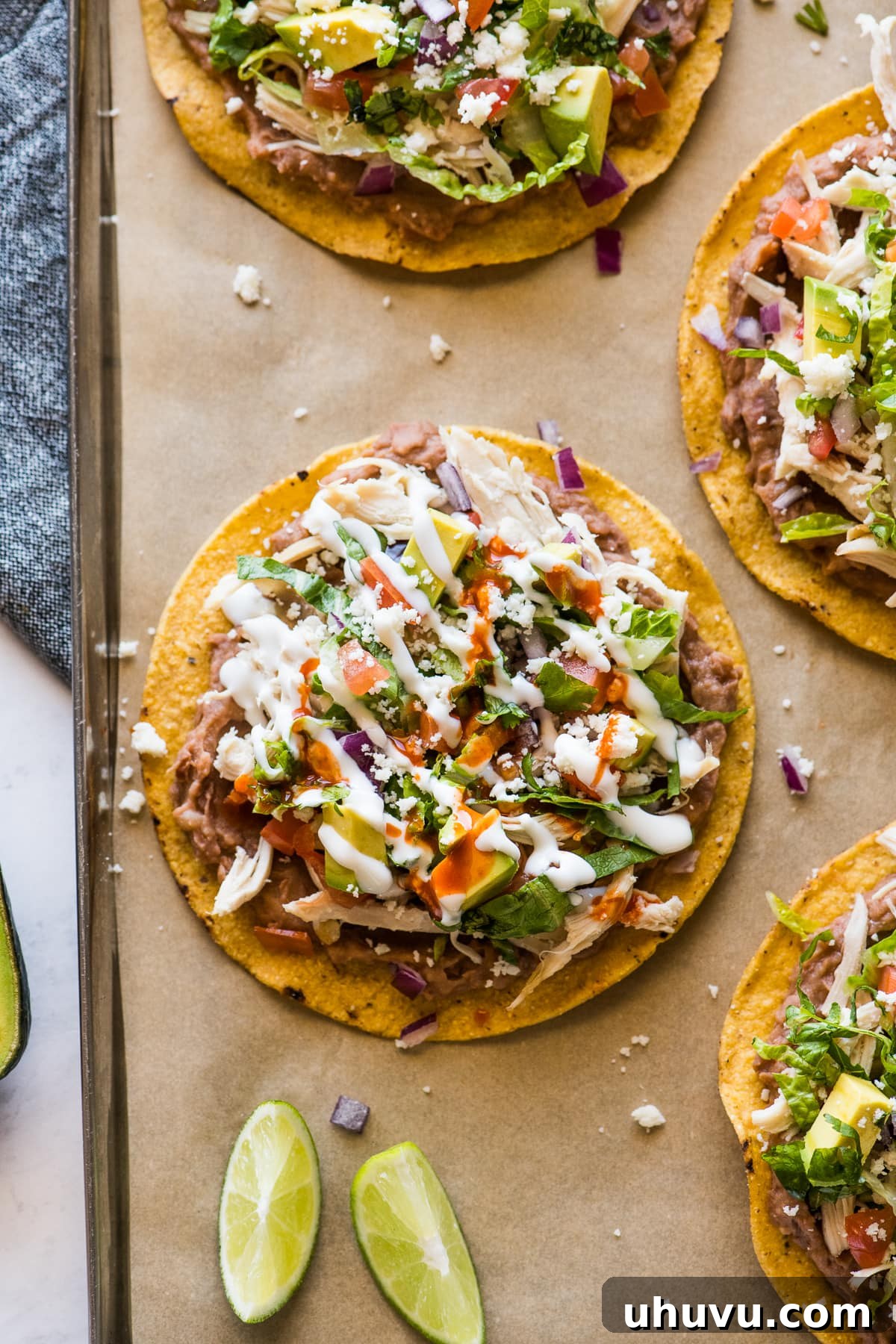 A perfectly arranged plate of chicken tostadas, garnished with fresh cilantro and lime wedges, ready to be enjoyed.